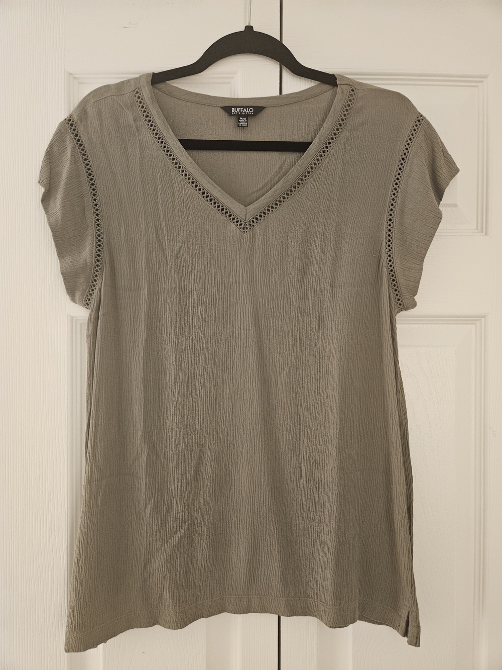 Buffalo David Bitton Olive V-Neck Short Sleeve Tee with Lace Trim